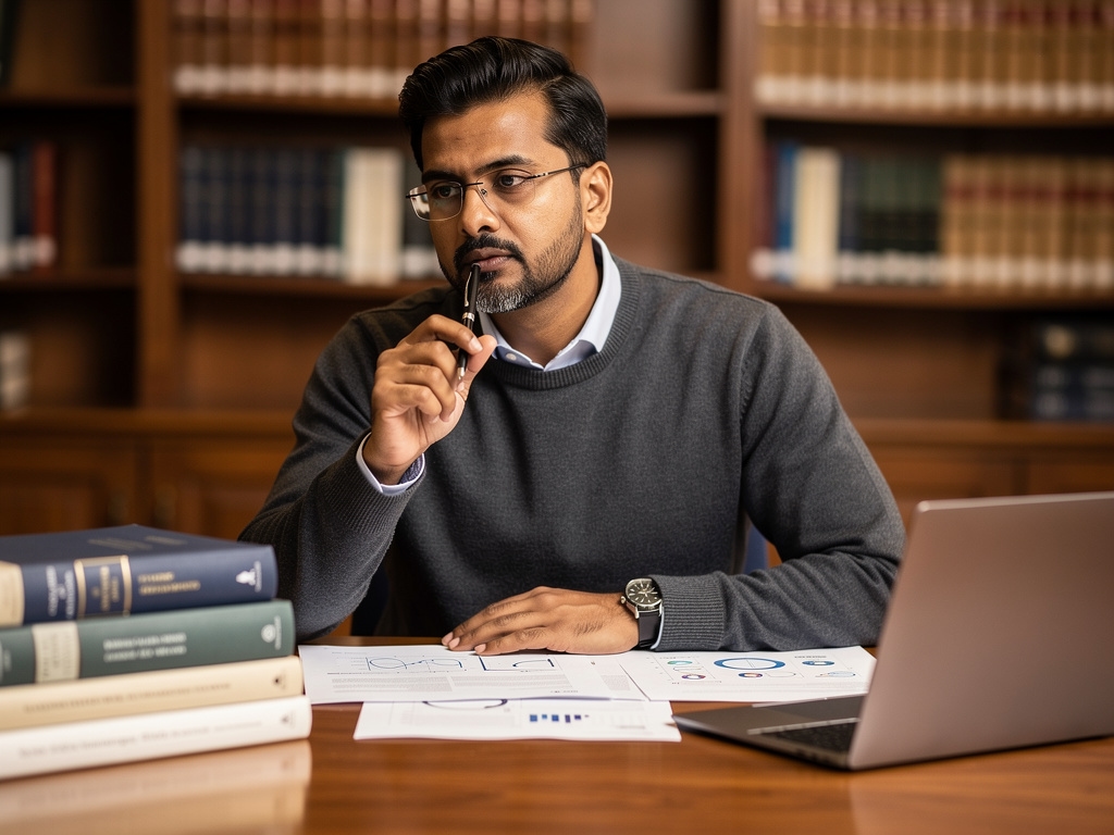 Business consultant reviewing workflow documentation in a professional setting