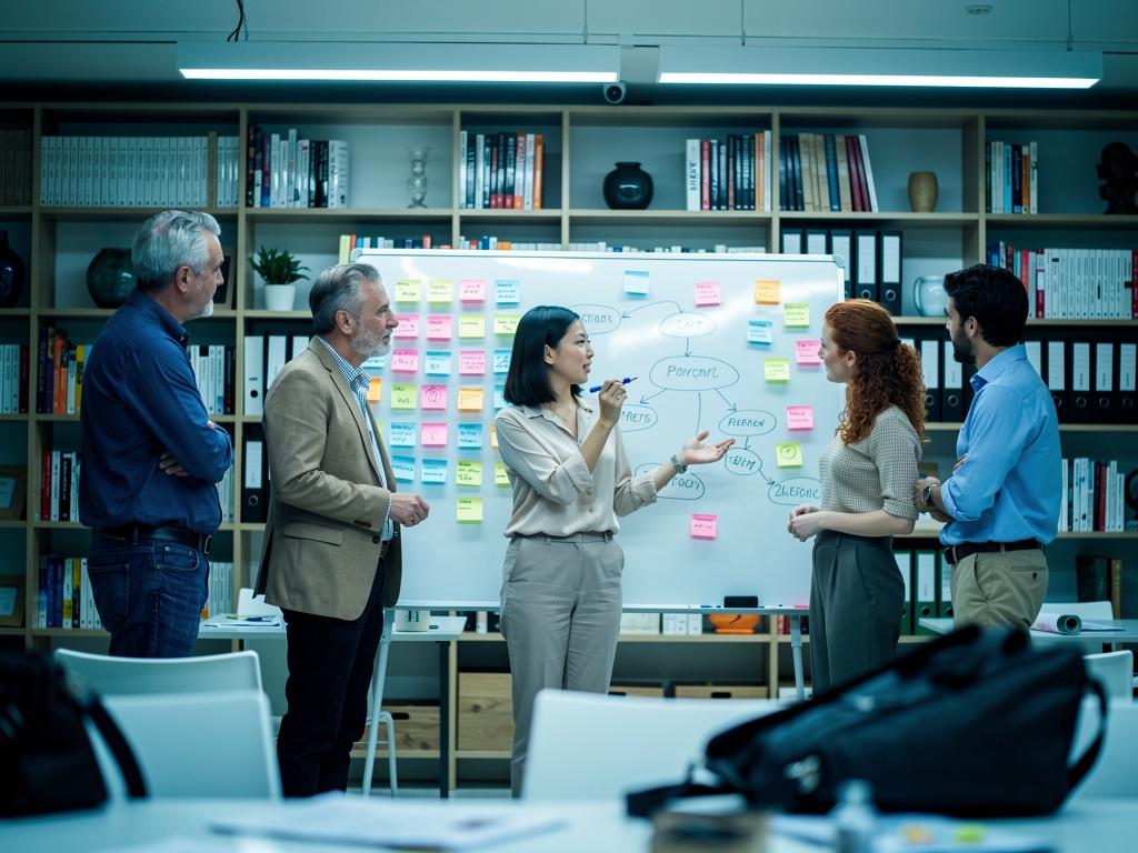 Small business team in a focused workshop reviewing project management setup