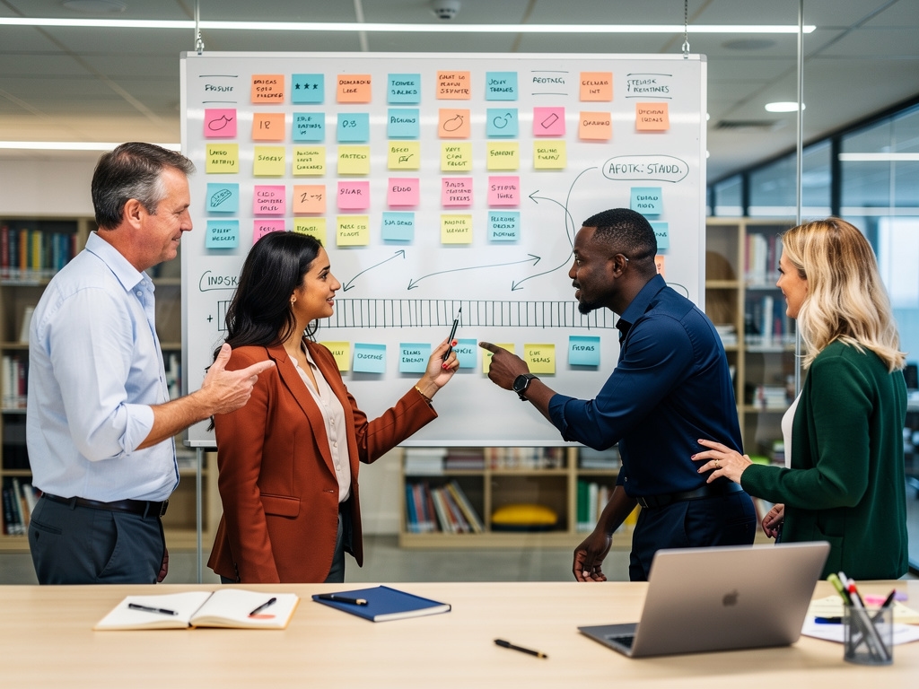 Team gathered around a planning board in a workshop environment